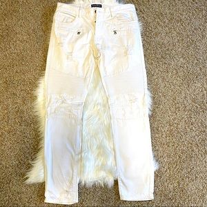 🔥Embellish Pure White Ripped Biker Jeans